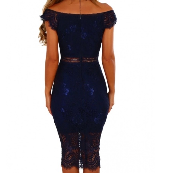 Navy Lace Bardot Midi Dress - Picture 3 of 4